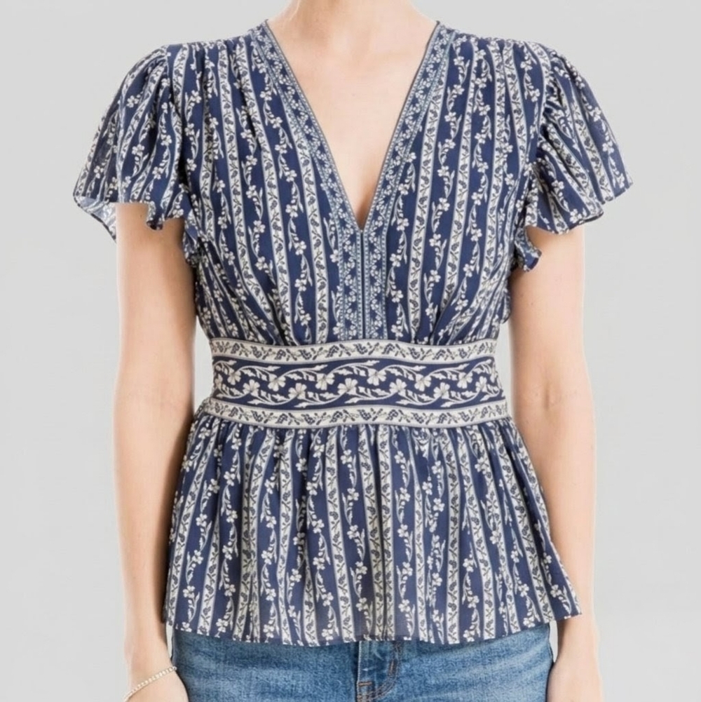 Max Studio Navy/White Crepe Peplum Blouse Size Medium